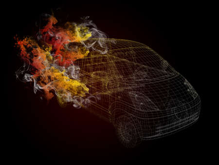 Wire frame car in the colored smoke  Dark backgroundの写真素材
