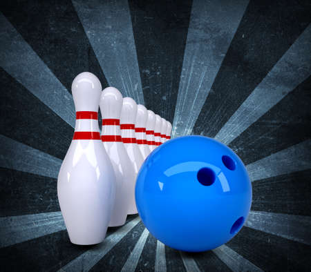 Bowling ball breaks standing pins  Sports background  Grunge styleの写真素材