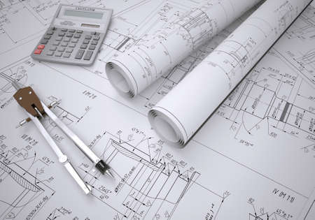 Scrolls engineering drawings and tools  Desk Engineerの写真素材