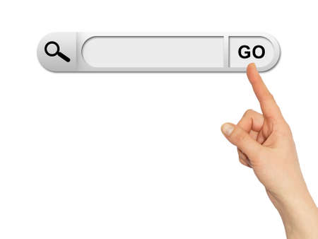 Human hand indicates the search bar in browser  White background