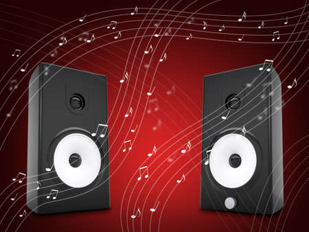 Music notes around audio speakers  Red backgroundの写真素材