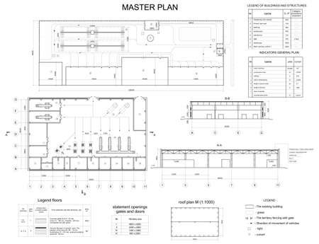 Architectural drawing of vehicle fleet  Industrial building  Vector formatのイラスト素材