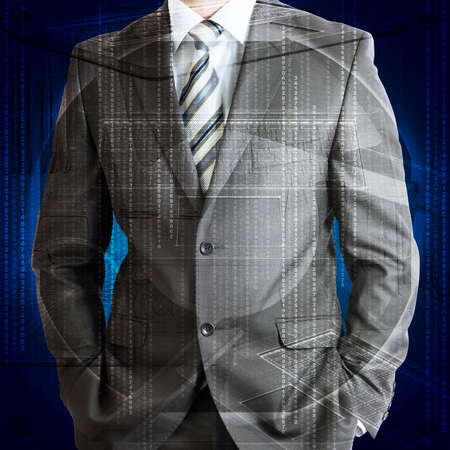 Businessman in a suit with background of glowing lines  Business conceptの写真素材