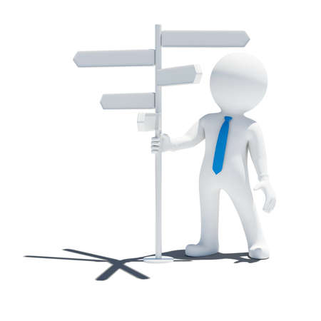 3d man and waymark  Isolated on white backgroundの写真素材