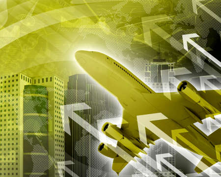 Airplane with the background of skyscrapers and arrows  Concept growth in businessの写真素材