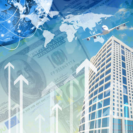 Airplane with the background of skyscrapers and Earth  Business concept  の写真素材