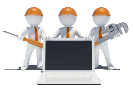Three 3d people with tools and laptop  Isolated on white backgroundの写真素材