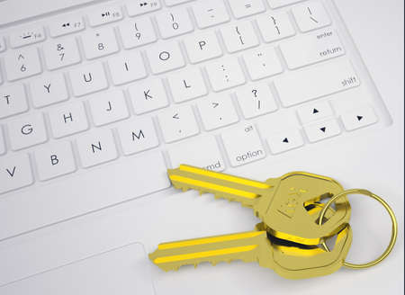 Two gold keys on the keyboard  View from aboveの写真素材