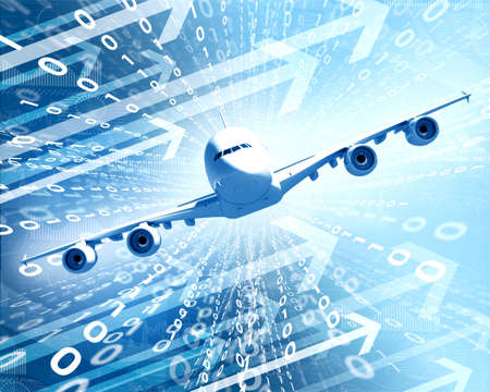 Airplane with the background of figures and arrows.  Concept growth in business