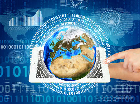 Woman hands hold tablet pc with Earth 