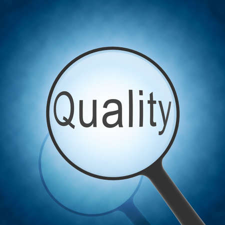 Magnifying glass looking word Quality  Blue background  Business conceptの写真素材