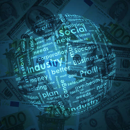 Sphere consisting of business words on money backgroundの写真素材