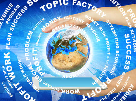 Woman hands hold tablet pc  Earth and business words against world map  の写真素材