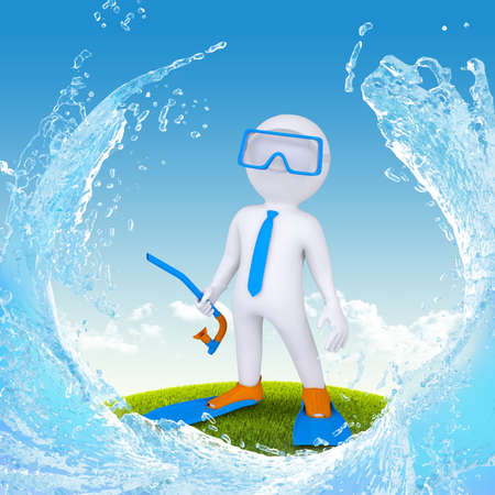 3d diver stand on green grass and water splashの写真素材