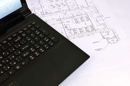 Scrolls drawings and tools of the architectの写真素材