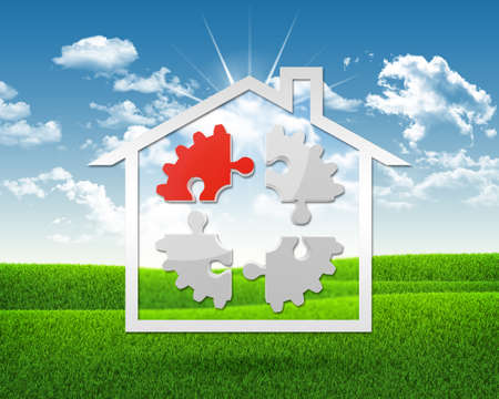 House icon with gear of puzzlesの写真素材