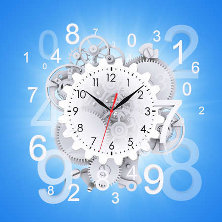 Clock face with figures and white gears