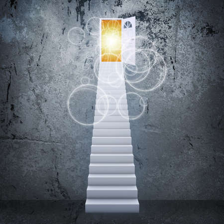 Stairs and magic doors leading to a lightの写真素材