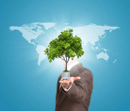 World map and man hold bulb with treeの写真素材