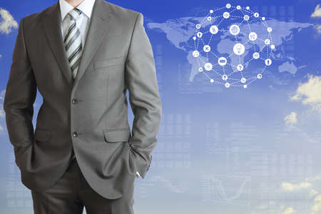 Businessman with world mapの写真素材