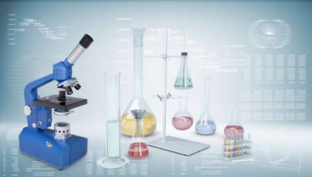 Chemical laboratory equipment. Microscope, flasks and test tubes. Graphs and texts as backdrop