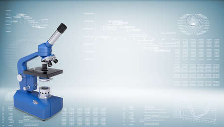 Blue chemistry microscope. Graphs and texts as backdrop