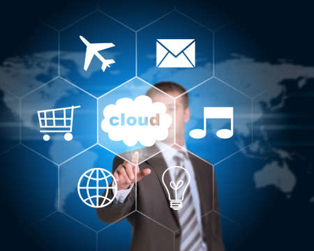 Business man pointing her finger at cloud with icons