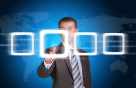 Businessman in a suit pointing her finger at the empty frame