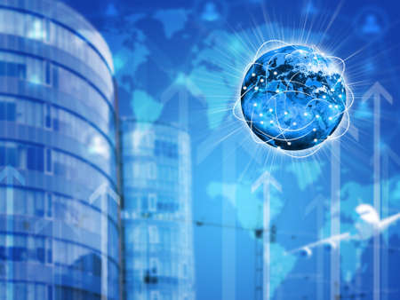 Earth with lines. Buildings and world as backdropの写真素材