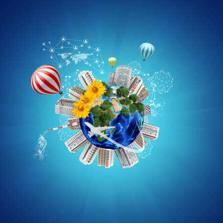 Earth with buildings on surface. Airplanes and network iconsの写真素材
