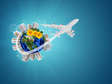 Earth with buildings on surface. Airplane and network iconsの写真素材