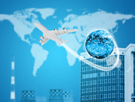 Earth with airplane. Buildings and world as backdropの写真素材