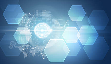 Graphs, world map, network and other elementsの写真素材