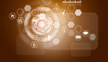 Hexagons with icons and glow circles