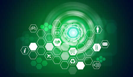 Hexagons with icons and glow circles