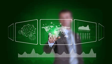 Businessman in suit finger presses virtual button