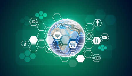 Earth and hexagons with iconsの写真素材