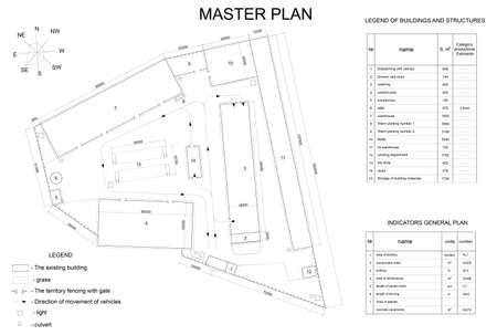 Plan industrial area. Buildings, lawns, fence and listsのイラスト素材