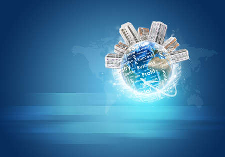 Earth with buildings and business words. World map as backdropの写真素材
