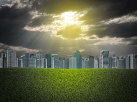 Buildings and green grass fieldの写真素材