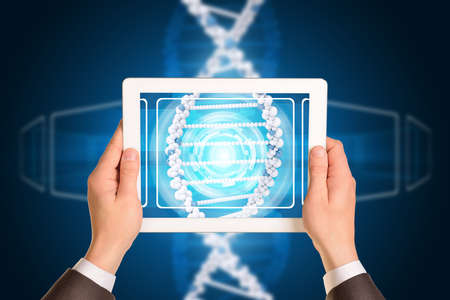 Man hands using tablet pc. Image of DNA helix on tablet screenの写真素材