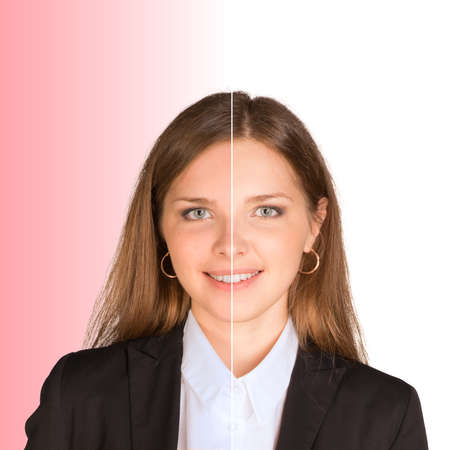 Portrait of beautiful young girl. Half face lighten than another. Cosmetology conceptの写真素材