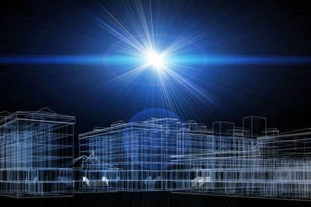 Wire-frame buildings with light on dark background. Construction conceptの写真素材
