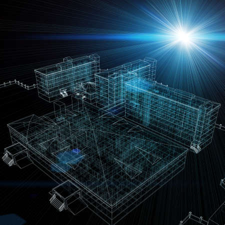Wire-frame buildings with light on dark background. Construction conceptの写真素材