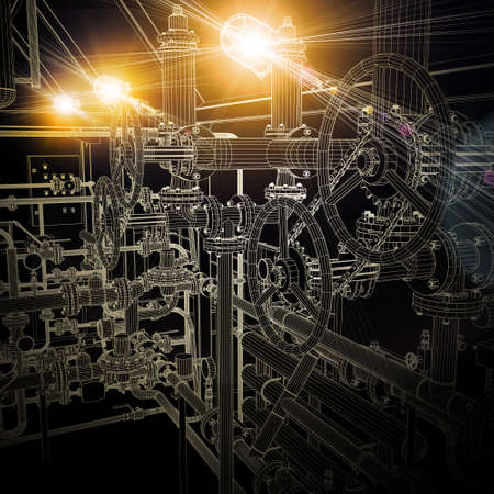 Wire-frame industrial equipment. Bright light from lamp. Dark background. Industrial conceptの写真素材