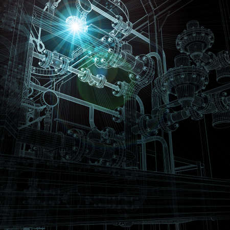 Wire-frame industrial equipment. Bright light and dark background. Industrial conceptの写真素材