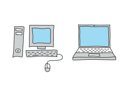 Sketches desktop computer and laptop. Isolated on white background