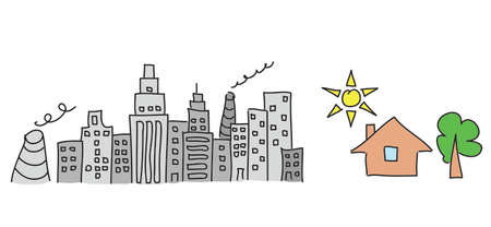 Sketches city and house with tree and sun. Isolated on white backgroundの写真素材