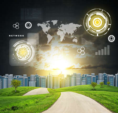 Buildings, green hills, road and dramatic sky with virtual elements. Business conceptの写真素材
