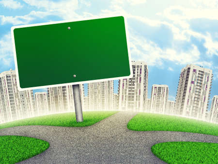 Blank billboard by footpath crossroad, out of upright, against line of high-rise buildings of same design, Curved Earthの写真素材